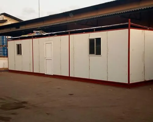 Portacabin site office with red trim